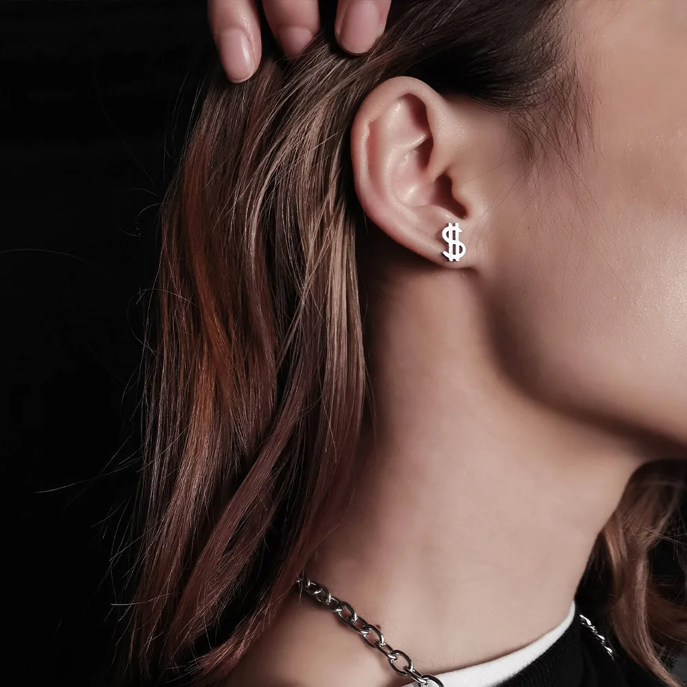 Dollar Sign Small Stud Earrings Couples Cool Style Simple Titanium Steel Earrings Men and Women Punk Style Earrings