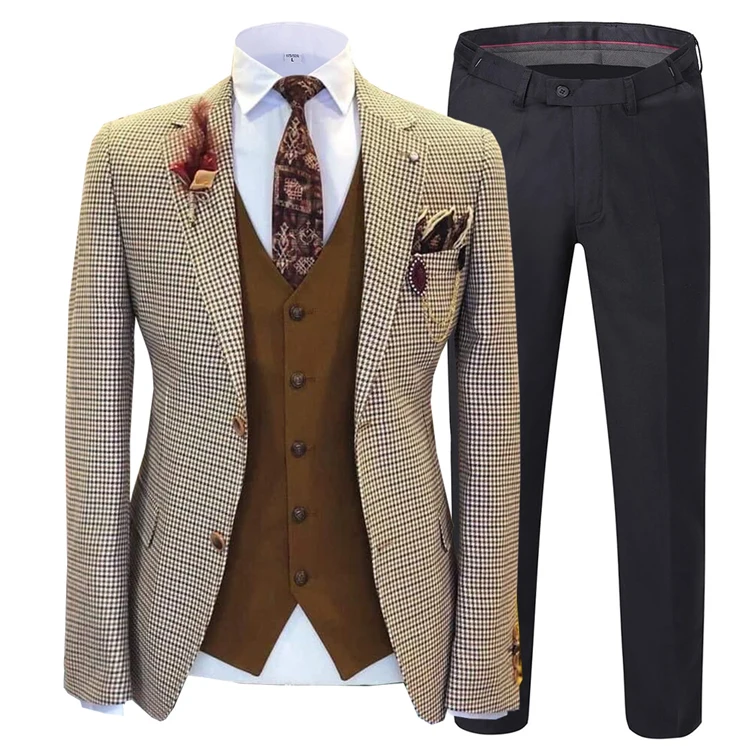 
Slim Fit Tweed Wool Business Plaid Dogtooth Jacquard Design Wedding Groom 3 Piece Suits Set For Men 