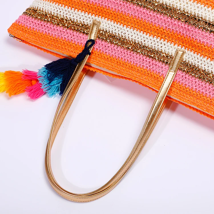 Factory Cheap Price Paper Material Hand Knitted Crochet Bag For Sale Handcraft Tote Crochet Bags With Pompon Beach Bag