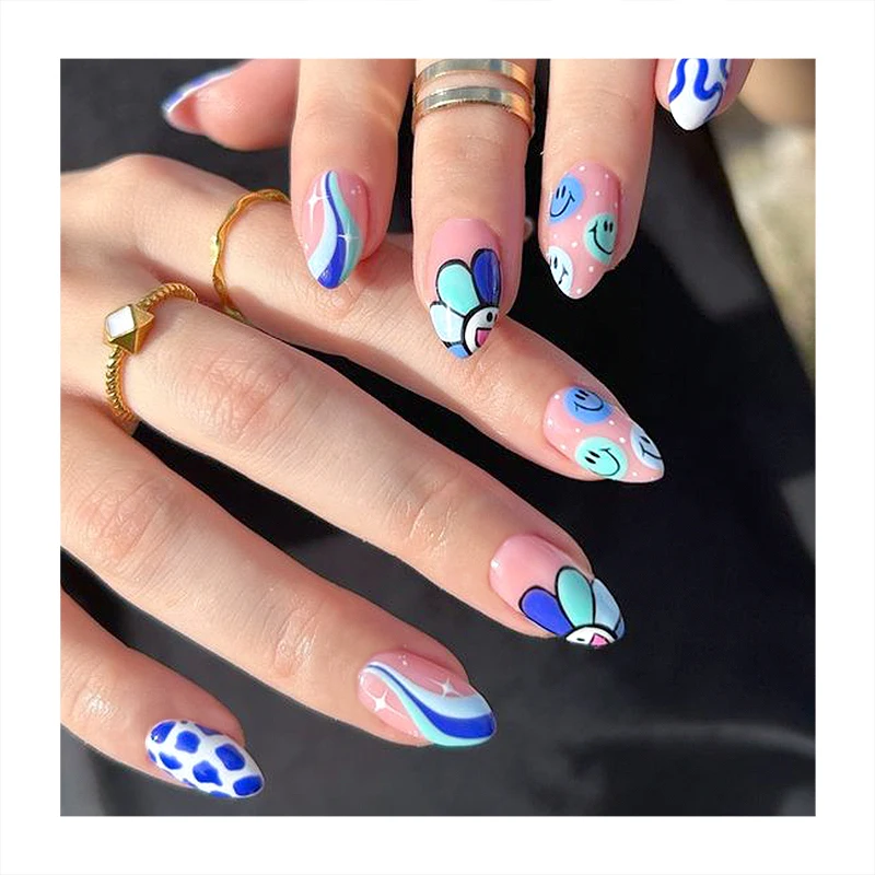 Professional Eco friendly Child Style Short Faux Nails Nude Tips Draw Cartoon Pattern Smile Face Color Stripes Press On Nails