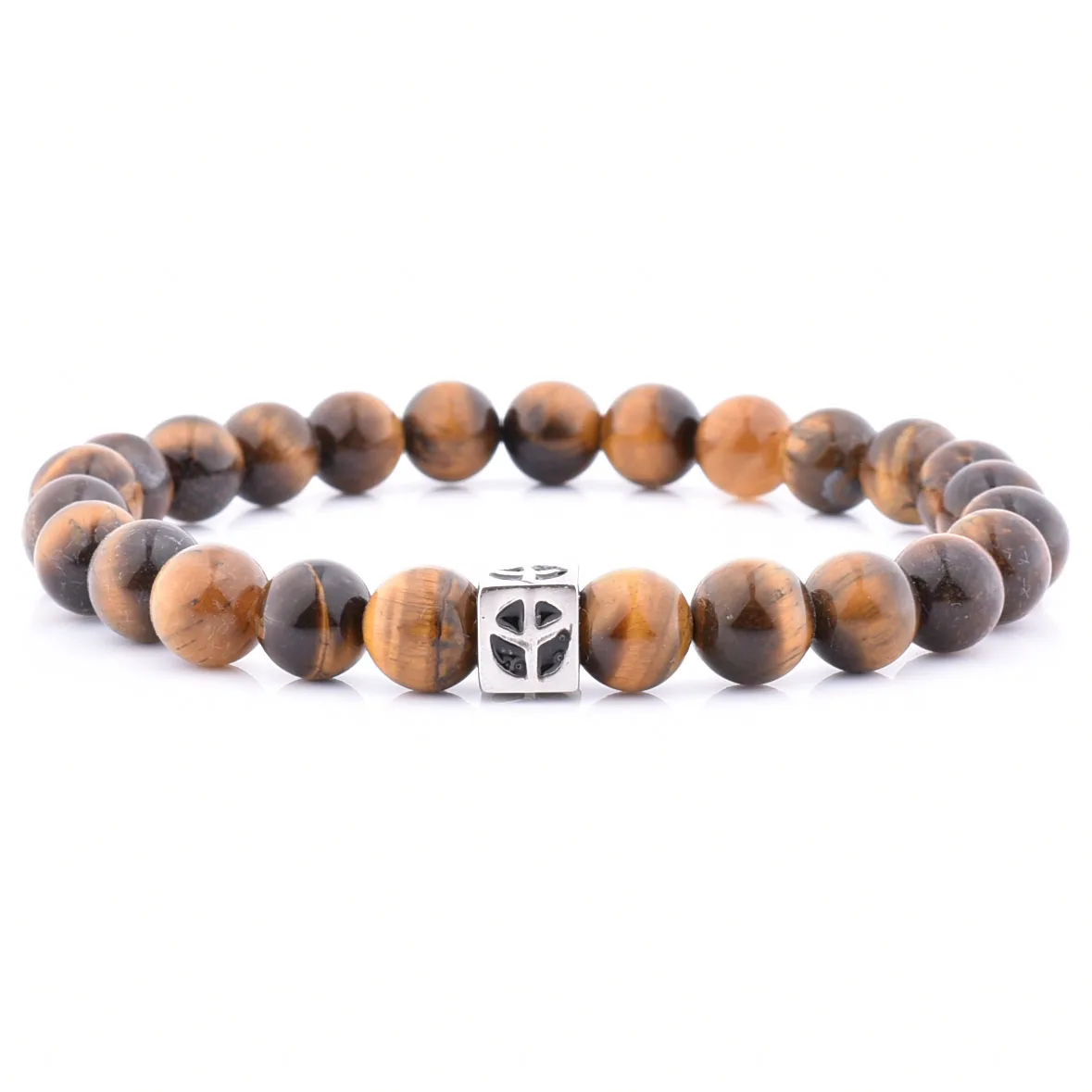 Hot Sale Brown Yellow Tiger Eyes Beaded Silver Square Charm Men Women Bracelet