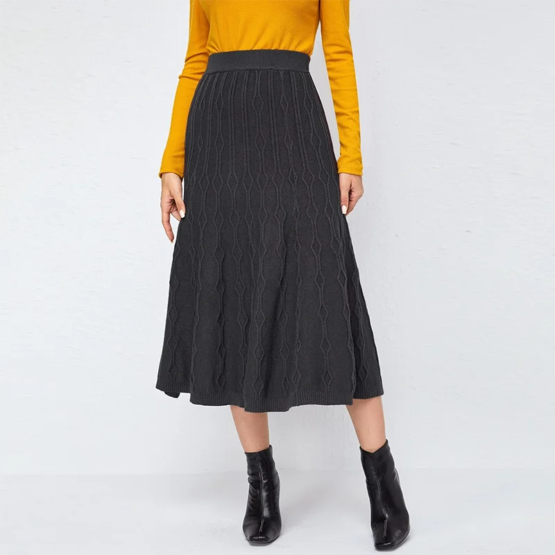 
Solid Textured Knit Skirt Knitted Large Swing Skirt Elastic Waist A- line Dress Winter High Waist Midi Skirt Casual Dresses 