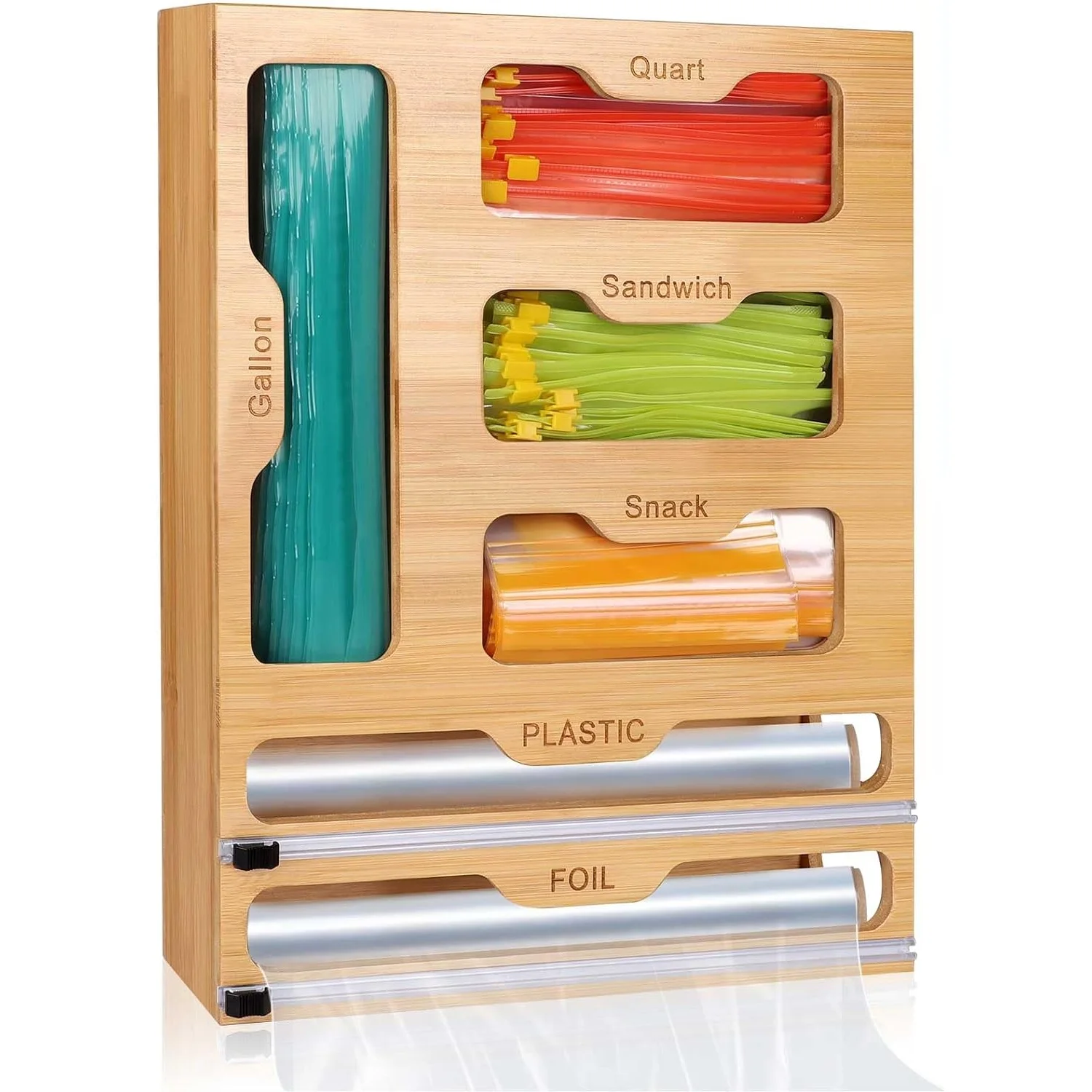 kitchen wooden foil and plastic wrap organizer holder bamboo ziplock bag storage organizer dispenser 6 in 1