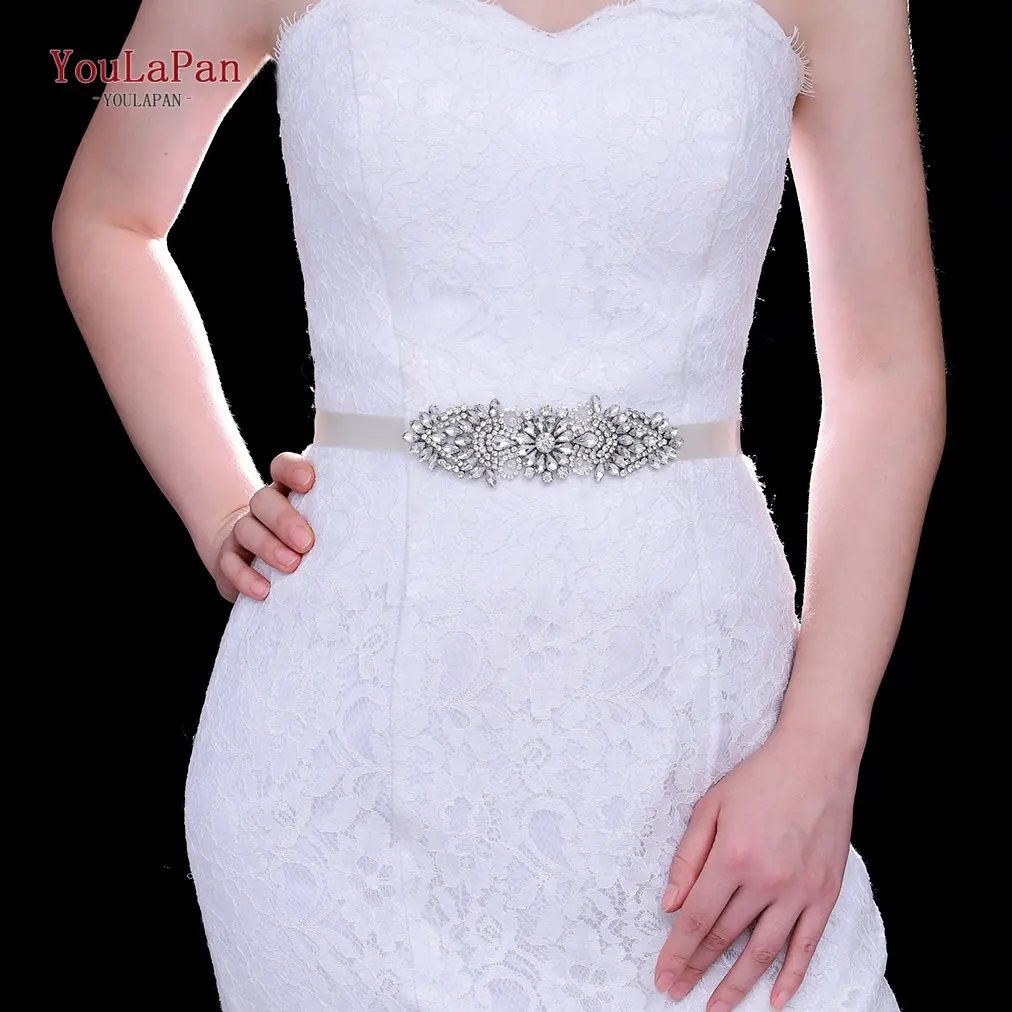 YouLaPan S446 Shiny Silver Rhinestone Belt Long Ribbon Bridal Wedding Dress Waist Decoration Women Party Evening Sash