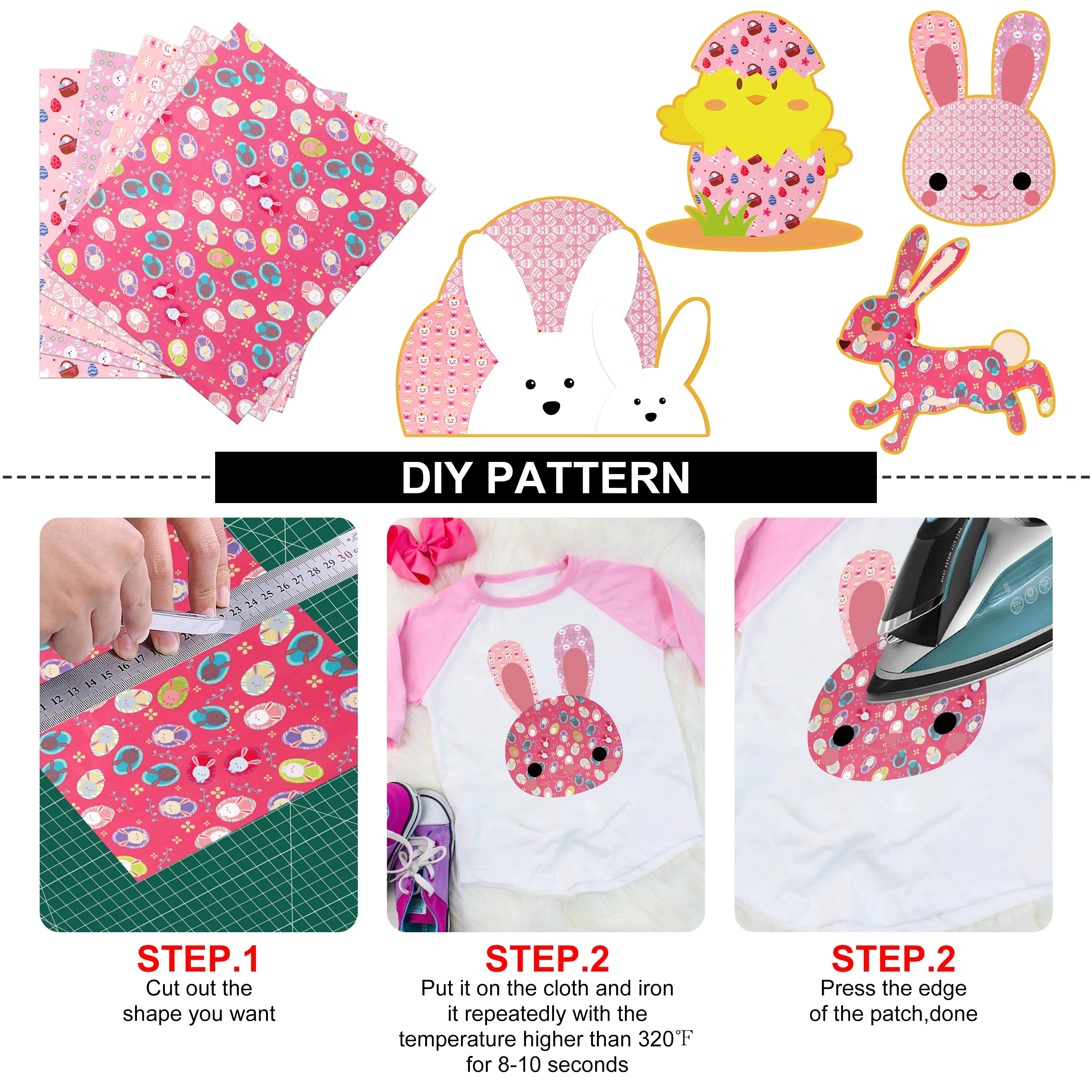 10inx5Feet Rolls Easter Color Eggs Bunny Printing PU Heat Transfer Film HTV Vinyl For Clothing T-Shirts