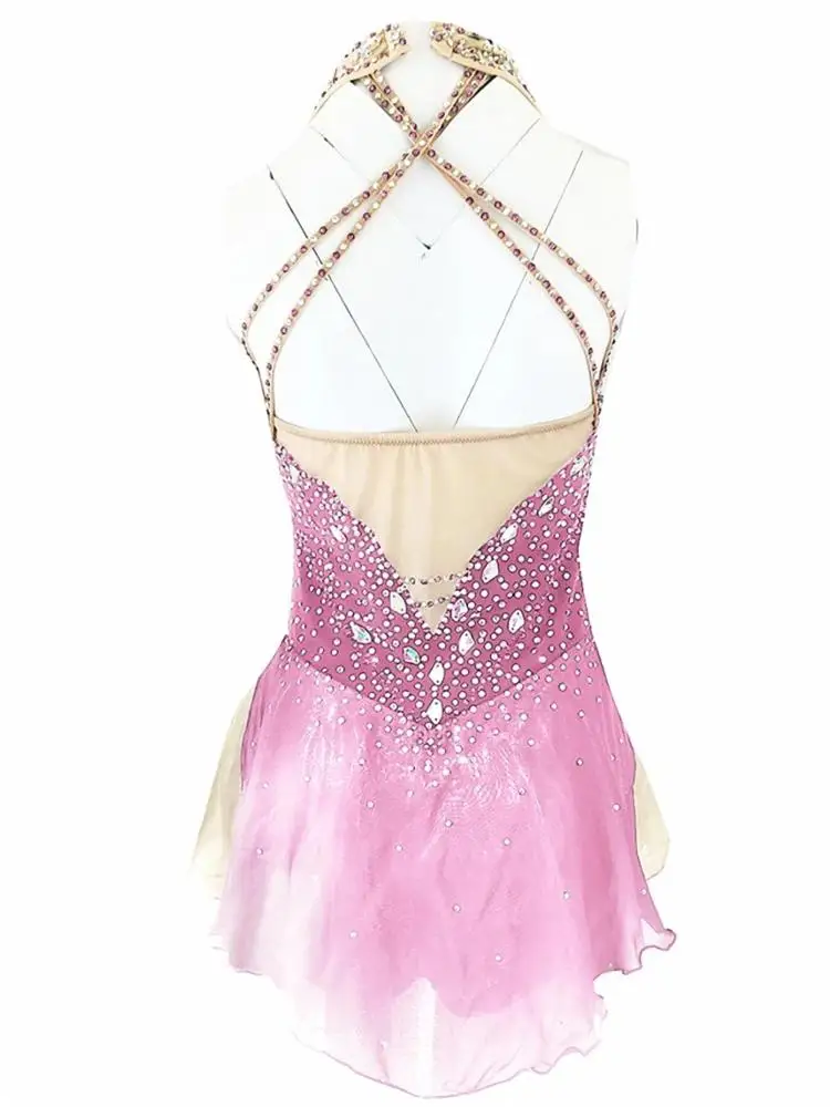 Figure skating dress girls sleeveless rhinestones skirt spandex dance costumes sexy ice skating dress