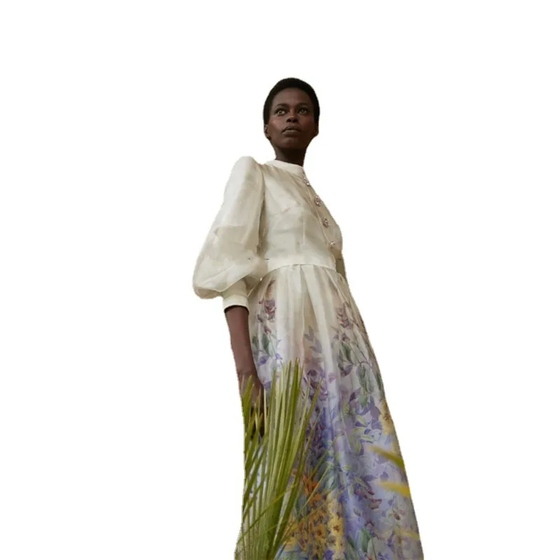 Middle East Niche Designer Vintage Court Style Elegant Floral Print Satin Long Dress