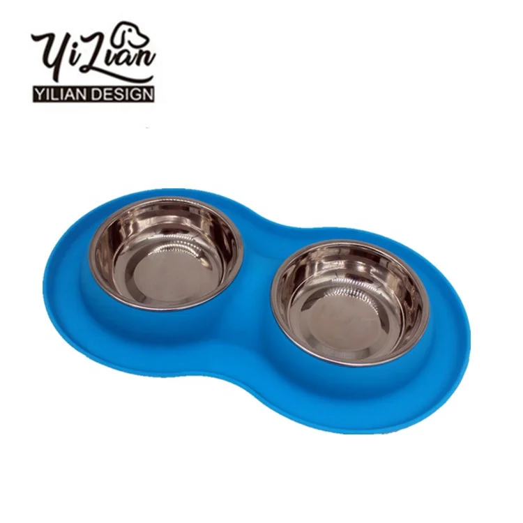 
 Двойная миска для кормления собак, миски из нержавеющей стали для воды и еды с нескользящим силиконовым ковриком  