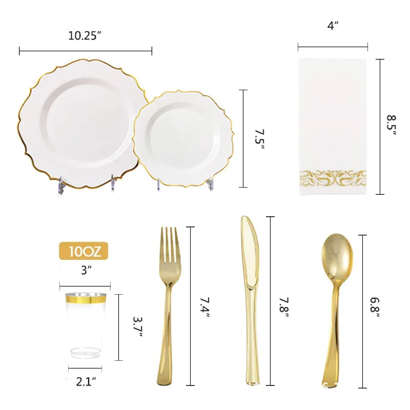 175PCS Gold Disposable Plastic Tableware Plates with Disposable Silverware