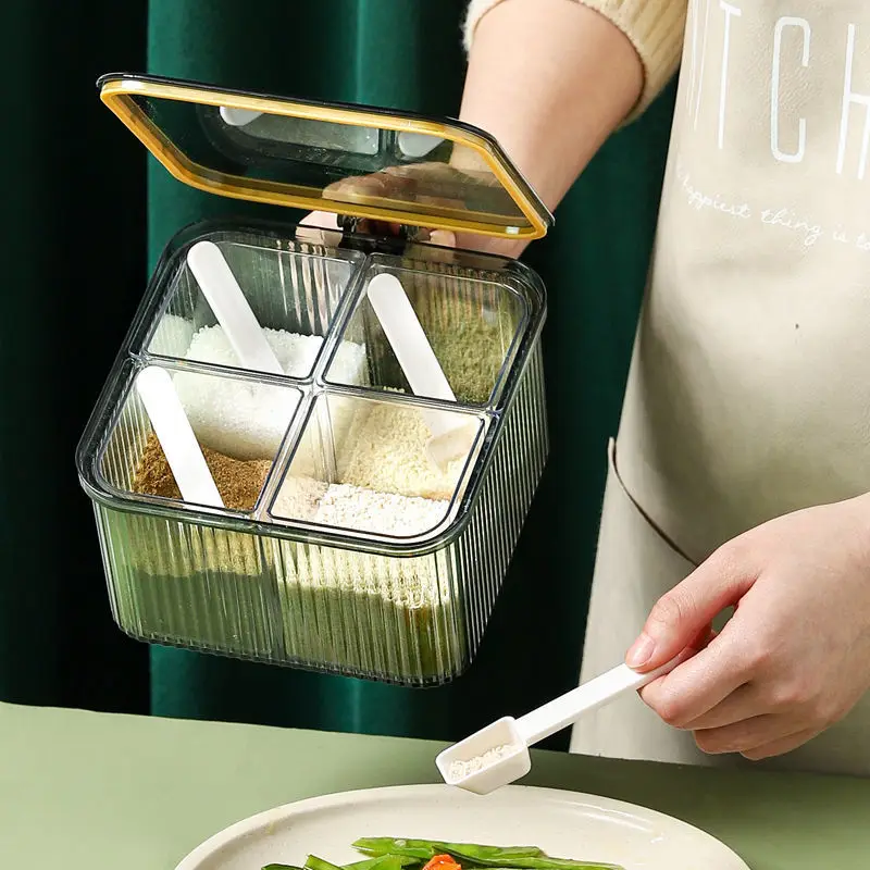 4 Compartment Separate Transparent Kitchen Sugar Box Container Organizer Spice Seasoning Box Salt Pepper Storage Jar With Spoon