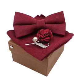 Men Super Soft Suede Solid Color Cotton Bow Tie Handkerchief Brooch Set Bowtie Orange Pink Blue Butterfly Wedding Novelty Gift