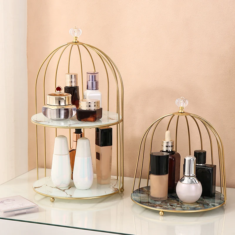 Nordic Desktop Half Bird Cage Golden Dustproof necklace rouge  Bathroom Metal Storage Rack For Cosmetics