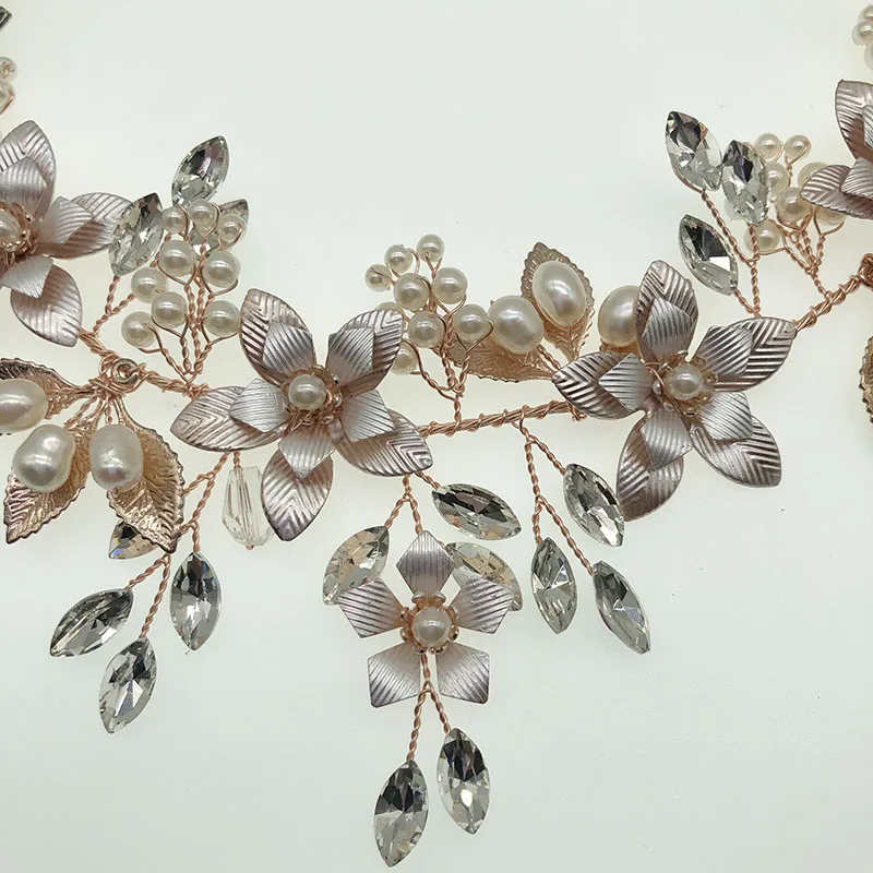 Женская тиара с пресноводным жемчугом, свадебный аксессуар цвета розового золота с цветами, свадебный головной убор