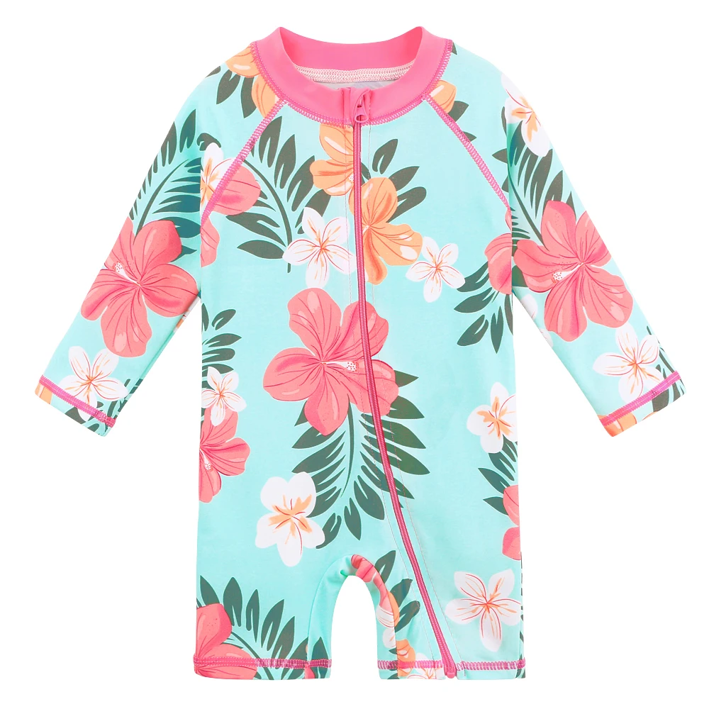 Baby Swimwear Girls Cyan Flower  UPF 50+ Kids Swimwear Long Sleeve Infant Swimsuit Beach Bathing Suit Rash Guards
