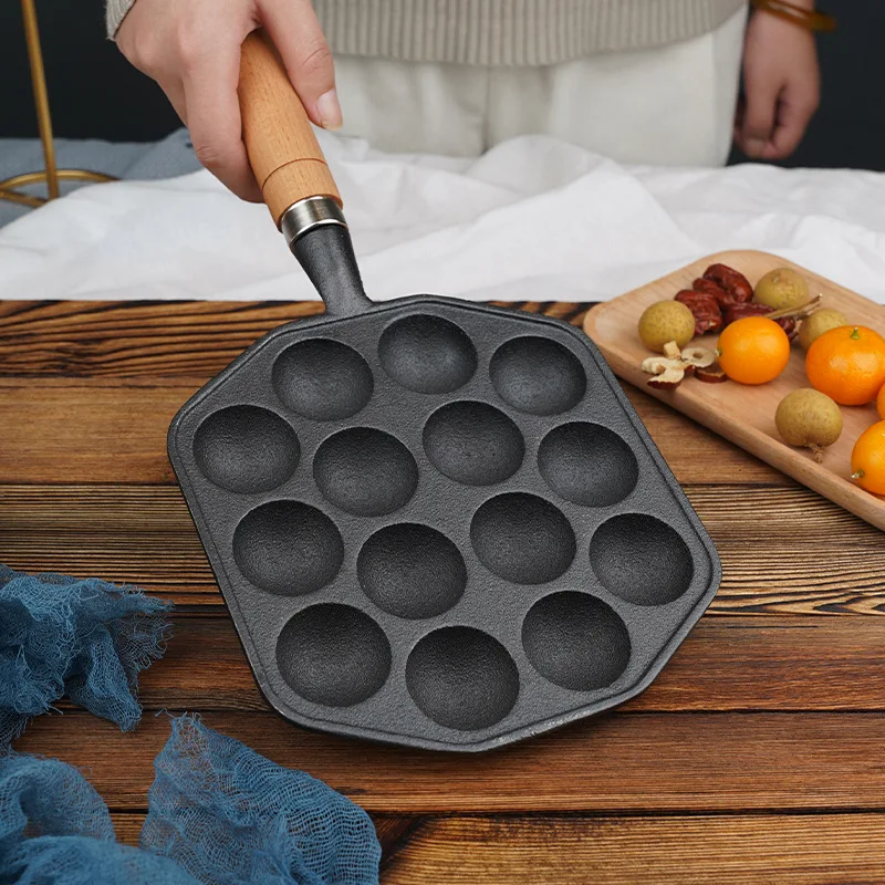 Pre-seasoned Oil Coated Cast Iron Takoyaki Pan Japanese 14 Holes Small Business Snack Cooking Cake Pan Backing Pan