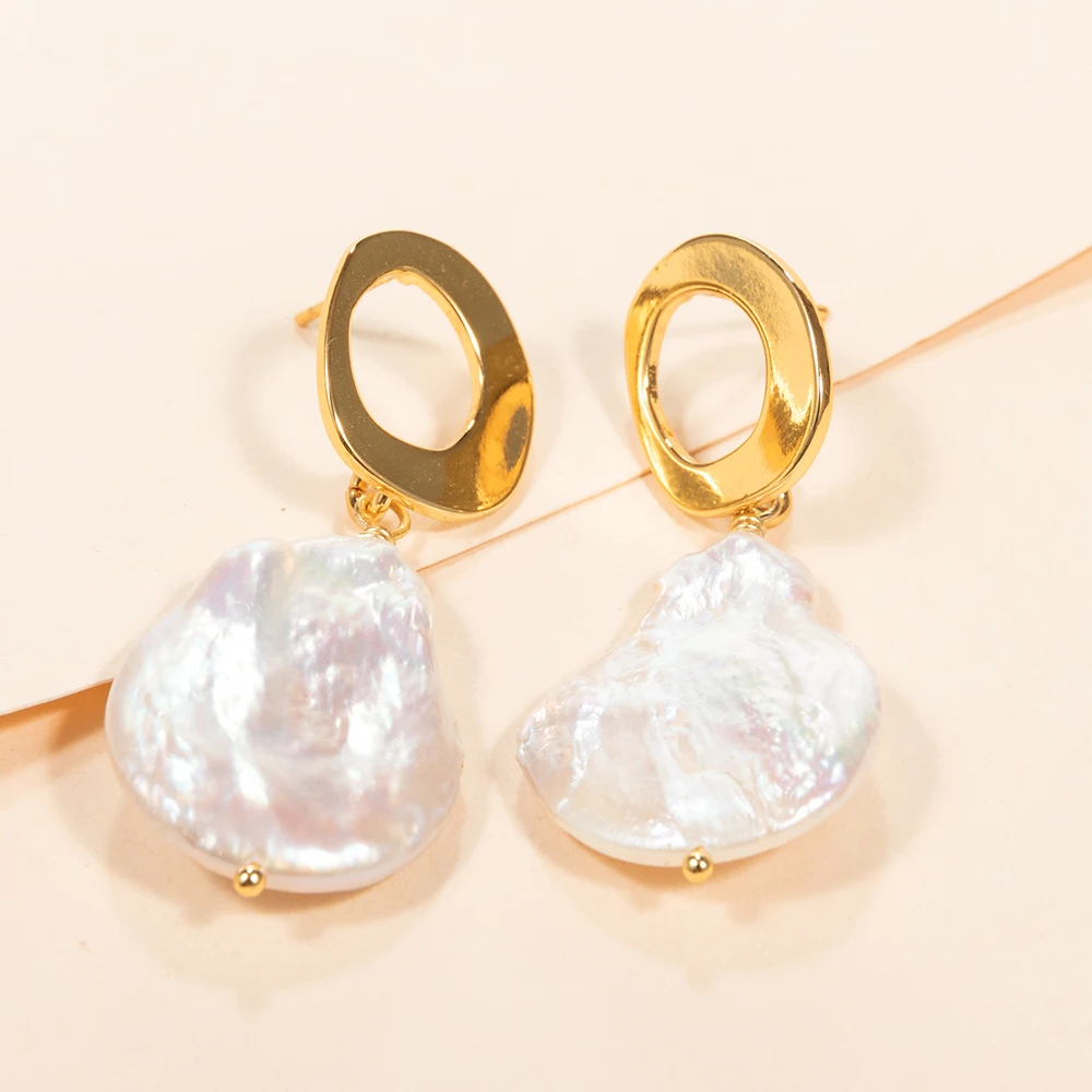 Minimalist jewelry accessories bijoux boutique flat oval pearl gold filled plated 18k earrings for women jewelry
