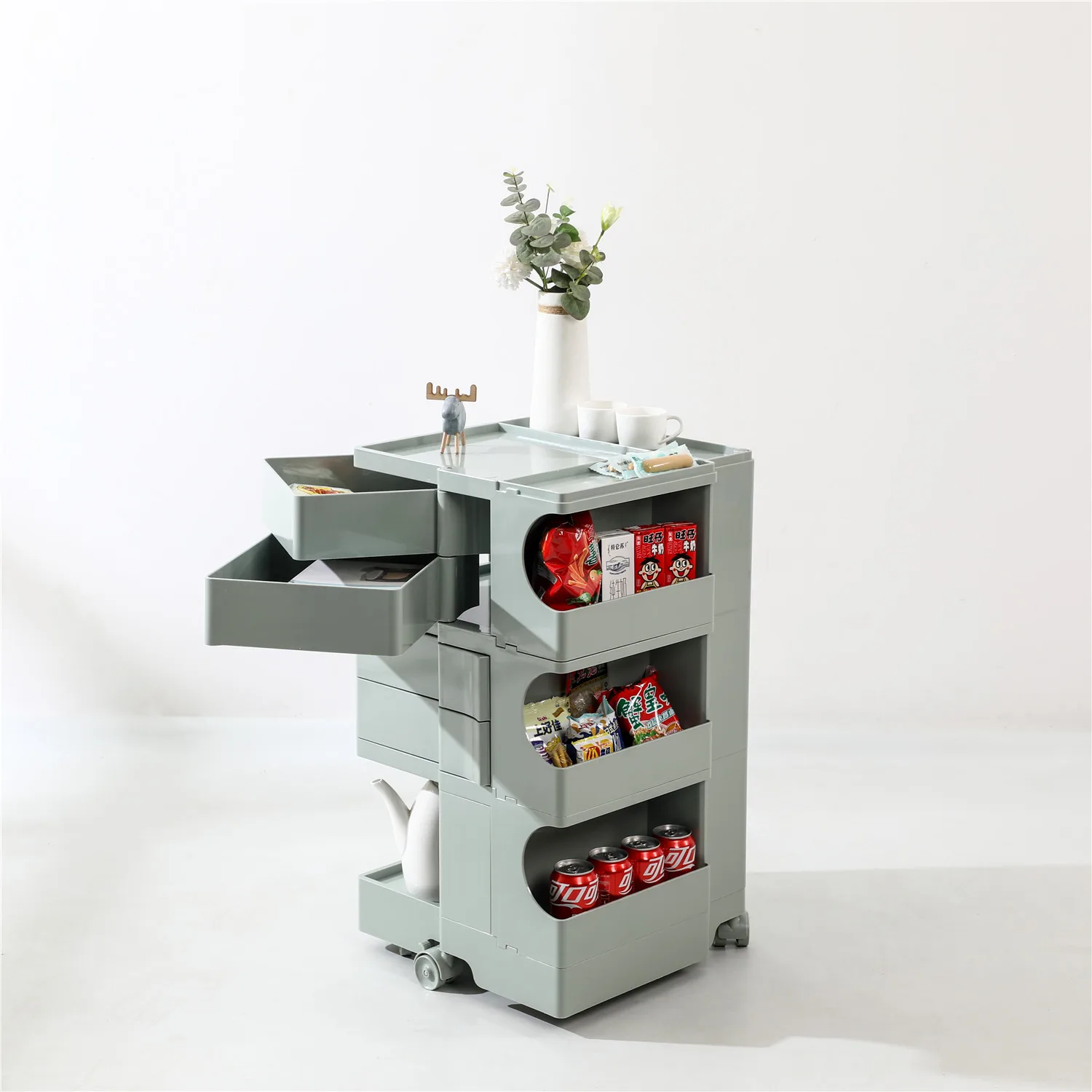 Modern Home Furniture 3-Layer Rotating Chest of Drawers Bedroom Trolley White Plastic ABS Bedside Storage Bed Side Cabinet