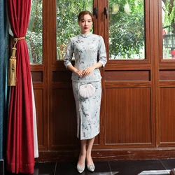 Китайское традиционное платье Тан, длинный замшевый тканевый чонсам, элегантный комплект из двух предметов, Qipao, Женская Свадебная вечеринка