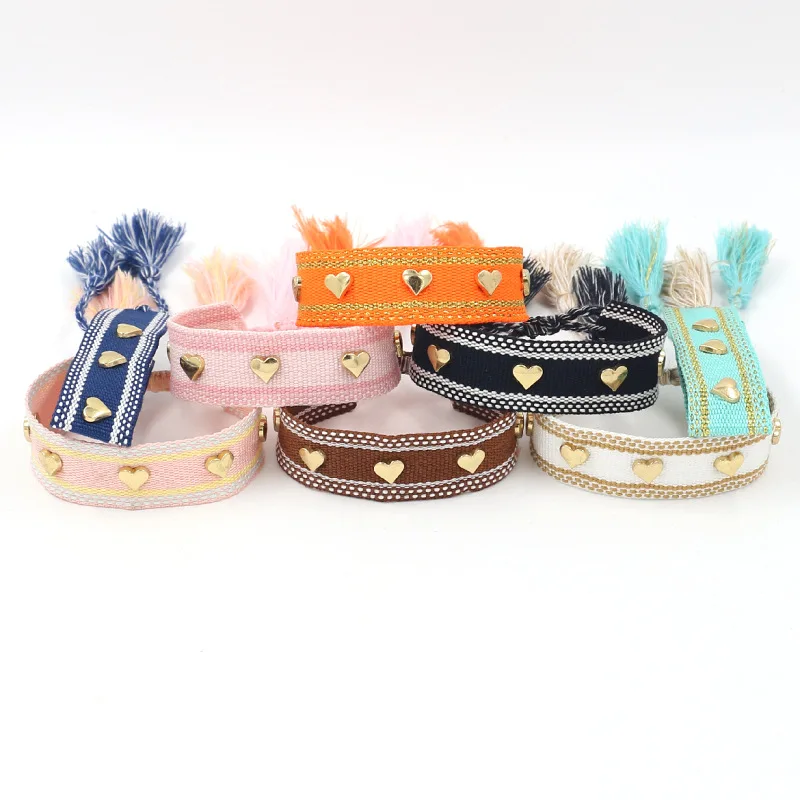wholesale newest women gold heart rivets bracelets beach jewelry bohemia embroidery woven tassel bracelet