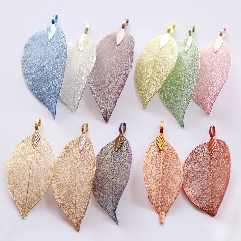 Pink Brown Orange Color Real Nature Leaves Leaf Hanging Silver And Gold Plated Pendants For Women