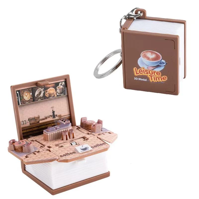 Creative Fold Book Keychain 3D dinosaur folding book Mini Landscape Pattern Keychain kids Pop Up Toys