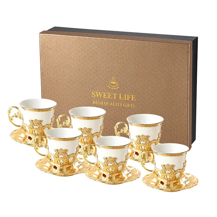 Hot Selling Luxury Porcelain Turkish Cup Set Gold Ceramic Gift Coffee Tea Cup and Saucer Set of 6