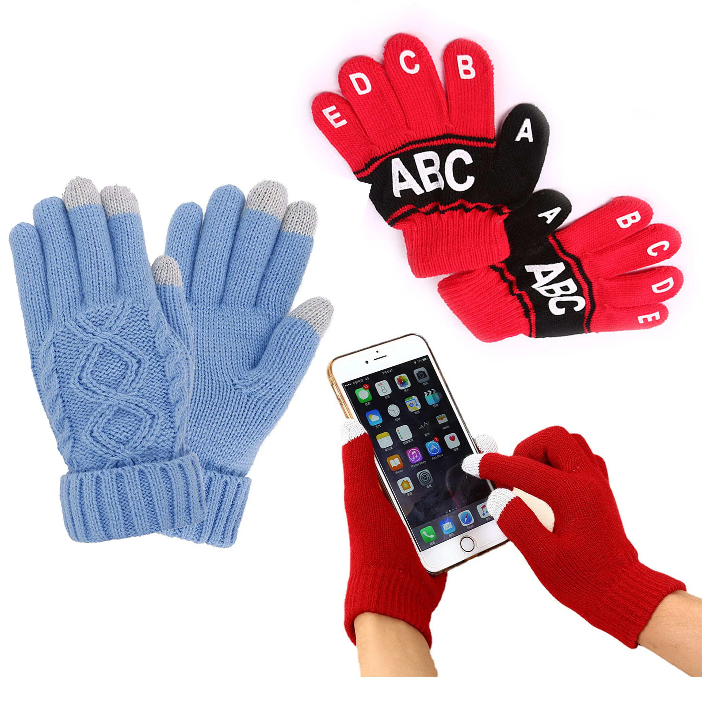 JIBIL BSCI Зимние Оптовые Пользовательские дизайнерские вязаные акриловые печатные логотипы с пальцами Волшебные сенсорные смарт-перчатки для письма