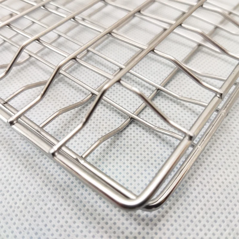 Folding Portable Stainless Steel Bbq Grilling Grill Basket Net For Roasting Meat With Wooden Handle