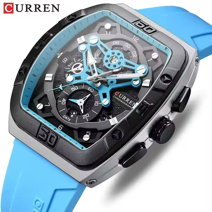 Curren 8443 Chronograph Quartz Watch for Men Fashion Casual Silicone Strap  Auto Date Square Dial Sport Luminous Wristwatch