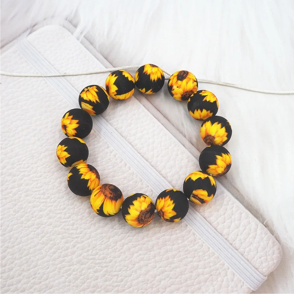 Custom Jewelry Making DIY Keychain Handmade Products Pen Beaded Round Flower Printed Silicone Beads 15mm