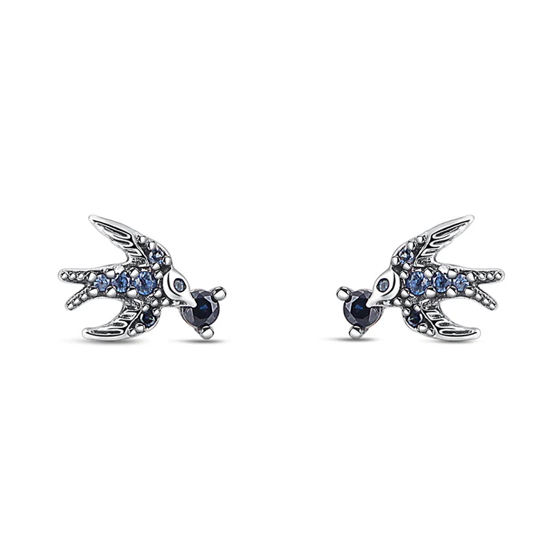 New 925 Sterling Silver Red Heart Blue Swallow Roses Leaves Pearl Pendant Charms Stud Earrings Women Fine Jewelry Birthday Gift