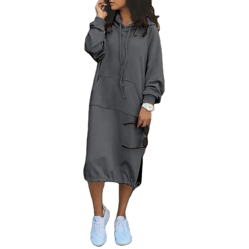 Autumn Women Hoodie Dress Fashion Long Sleeve Solid Drawstring Hem sweatshirt dress