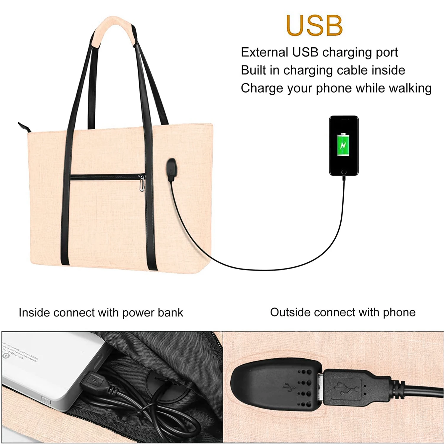 2024 factory custom logo 17 inch Notebook  Work Travel Business Computer Bag USB Port women Laptop Tote Bag with Small Purse