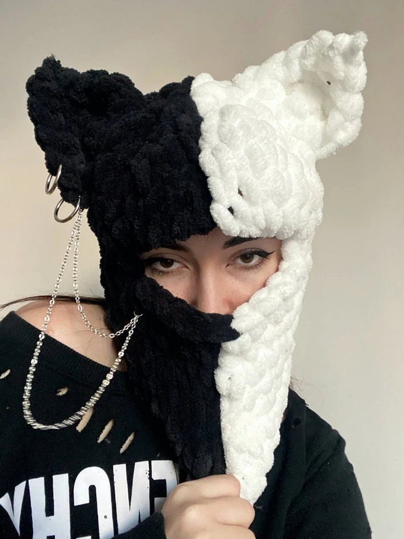 Autumn Winter Warm Plain Facemasks Beanie Custom Logo Devil Horns 1-Hole Ski Balaclava Motorcycle Woolen Blank Knitted Balaclava
