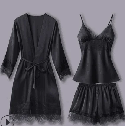 Female Sleepwear Set 3PCS Satin Robe and Suspender Shorts Summer Kimono Lace Trim Gown Casual Nightgown