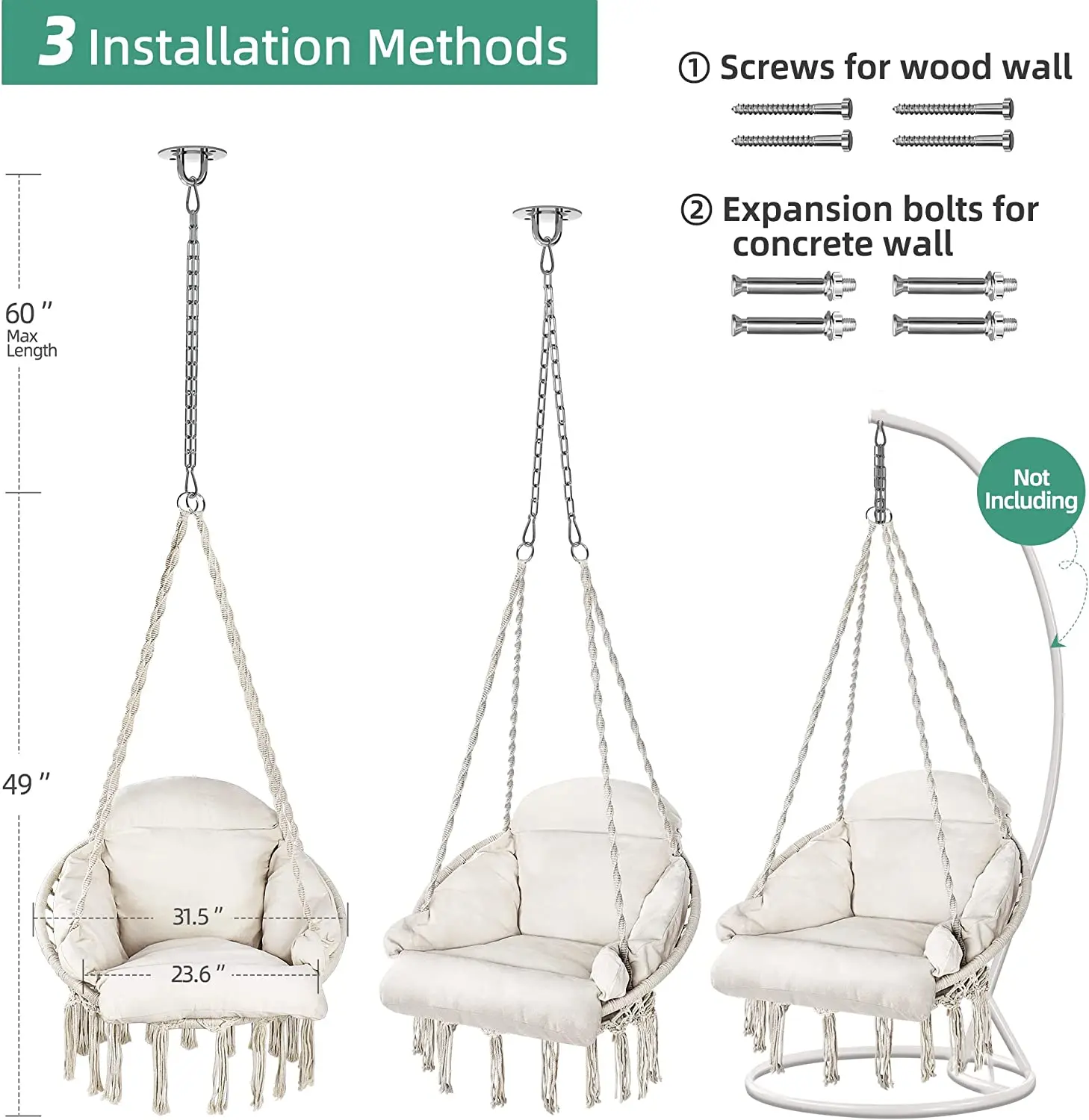 Hammock Chair with Cushion, Handmade Macrame Swing Chair with Hanging Hardware Kits, Bohemian Style Cotton Rope,