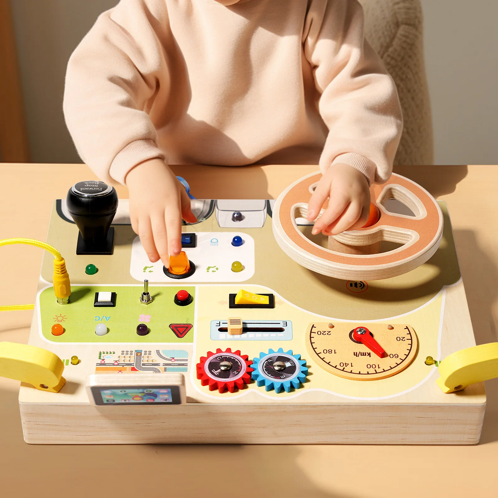 Montessori Busy Board with LED Lights | Wooden Steering Wheel Toy for Toddlers | Interactive Educational Sensory Toys