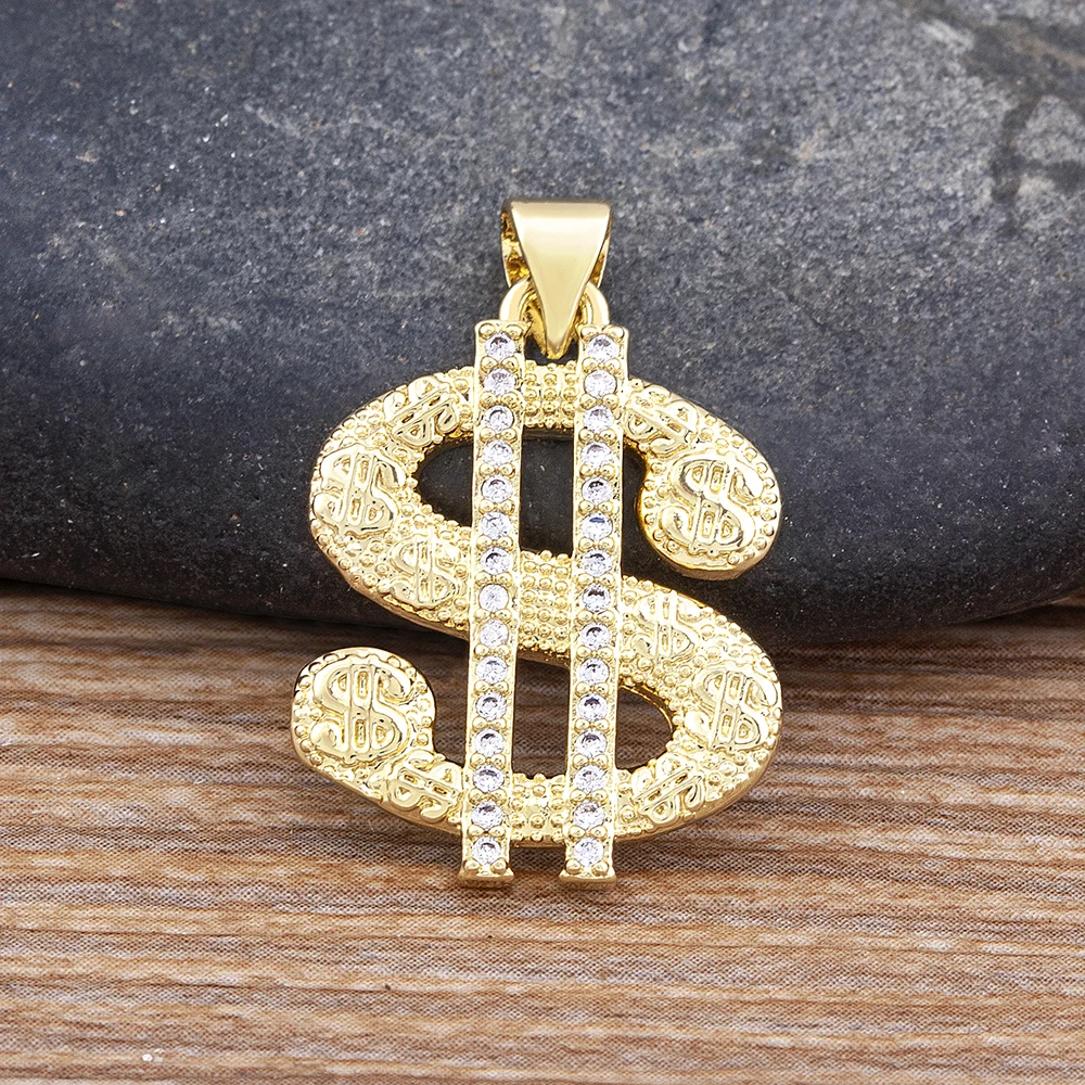 Fashion Gold Plated with Diamond Dollar Symbol Pendant Necklace Copper CZ Charm Neck Chain Party Bar Jewelry Gifts Wholesale