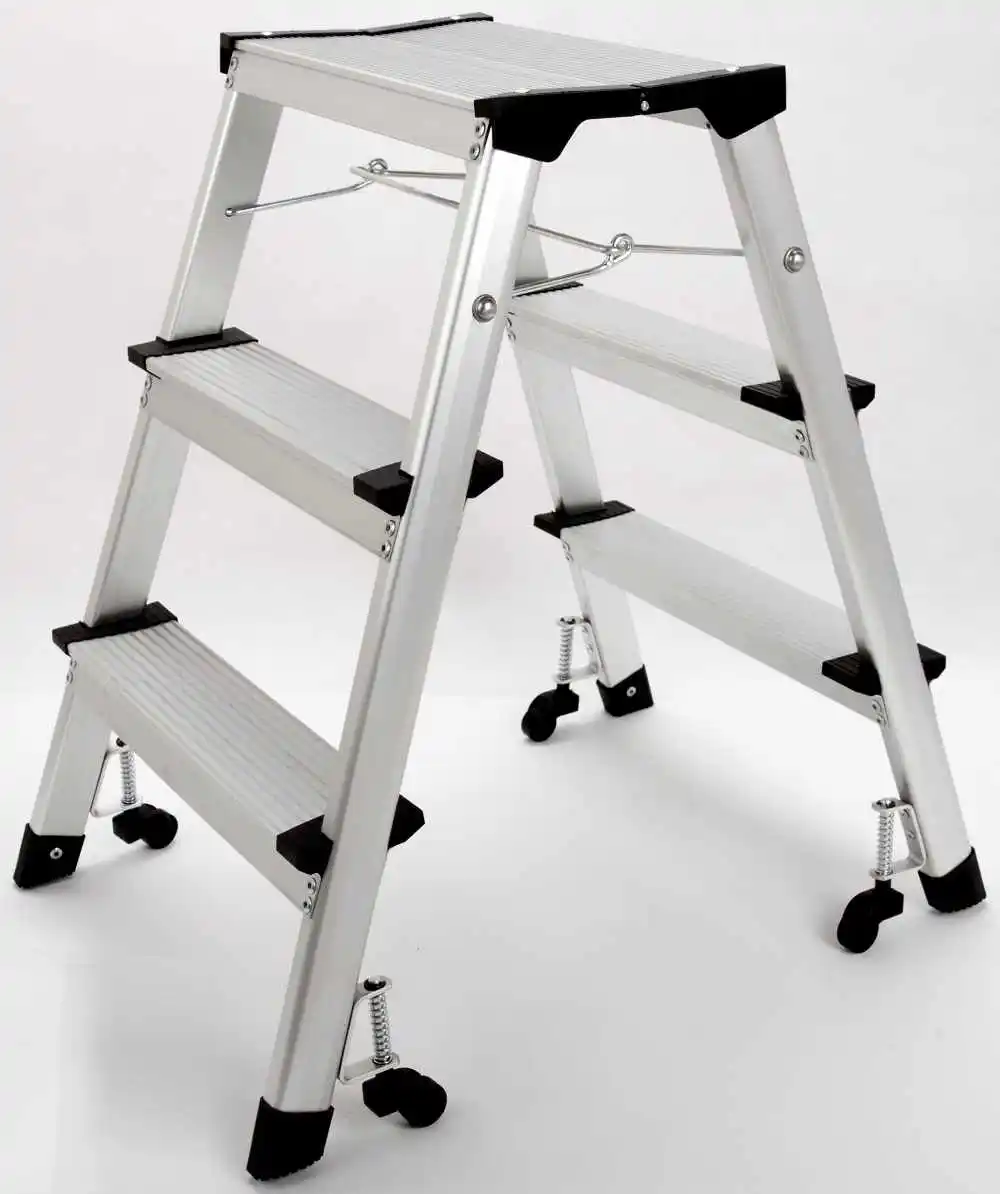 Factory 2 tiers Rolling Safety foldable  Aluminium 3 steps  Folding Step Ladder With wheels