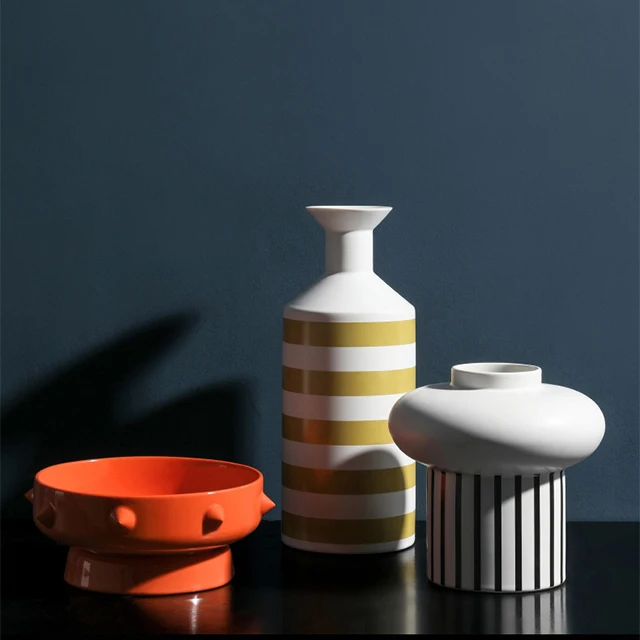 Wholesale Orange White Stripe Round Bottom Cylinder Decorative Flower Arrangement Ceramic Vase
