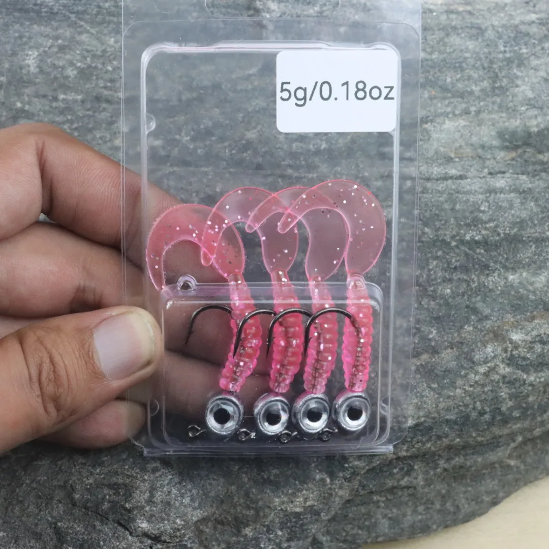 New Pre rigged soft lures 5.5cm 3.5g/5g 5pcs/bag 4pcs/bagwith Jig Head Hooks Worm Tail Lure Grub Baits