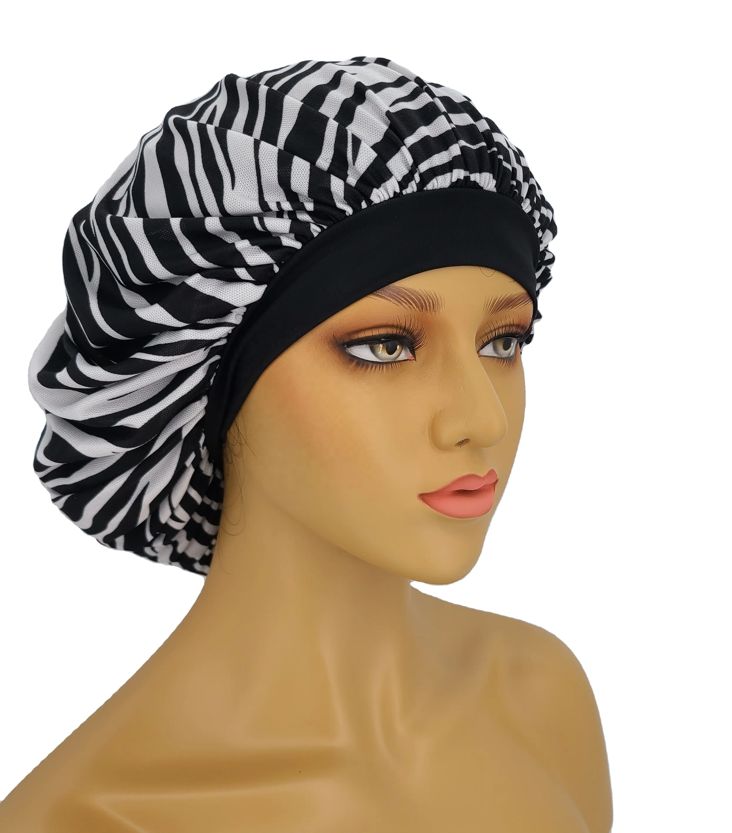 Hot Selling Custom Soft zebra Print Hair Satin Bonnet Silk Sleeping Cap Normal Size Women Bonnets and satin hair wraps
