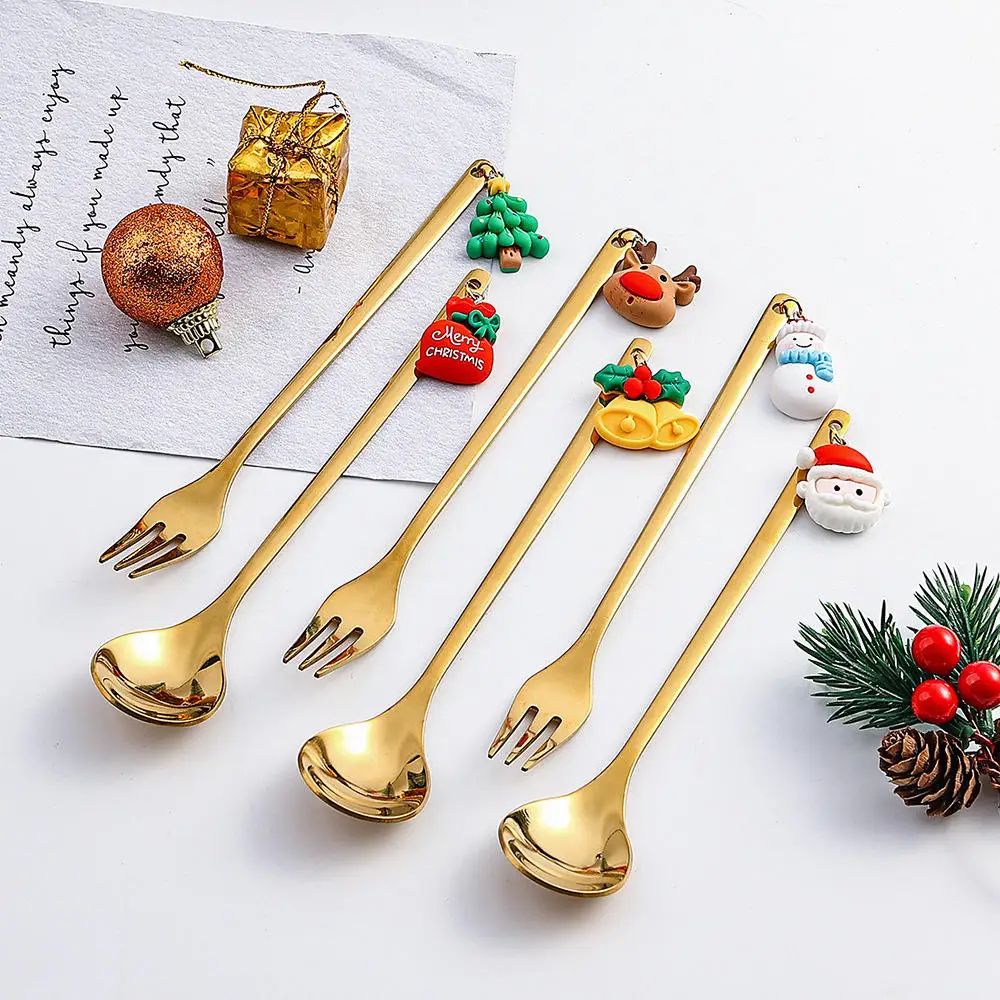 Hot Selling Christmas Gift 6pcs Stainless Steel Gold Teaspoon And Fork Gift Set  Christmas Coffee Spoon Set Cute Cutlery Set