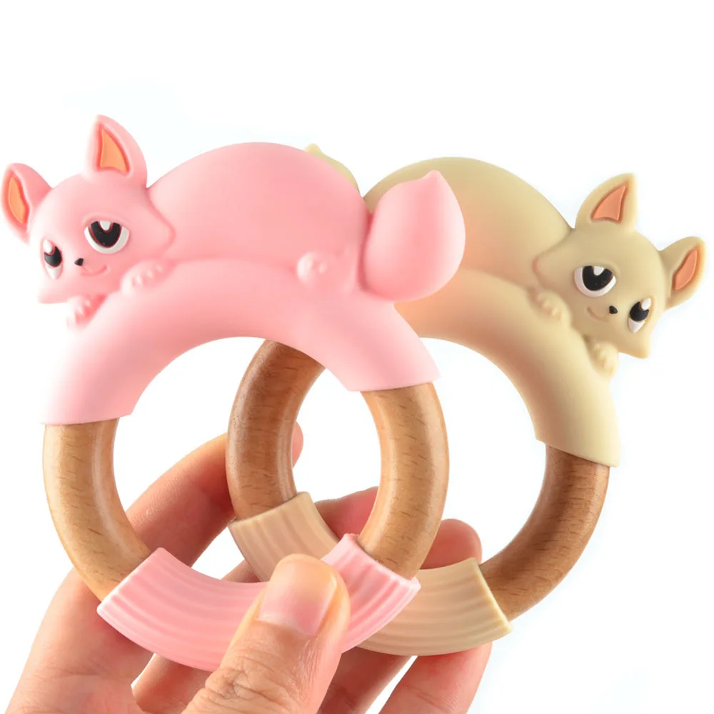 Wholesale Eco-friendly Non-toxic Panda Fox Wooden Ring Anti-eating Hand Wear-resistant Drop-resistant Baby Silicone Teether