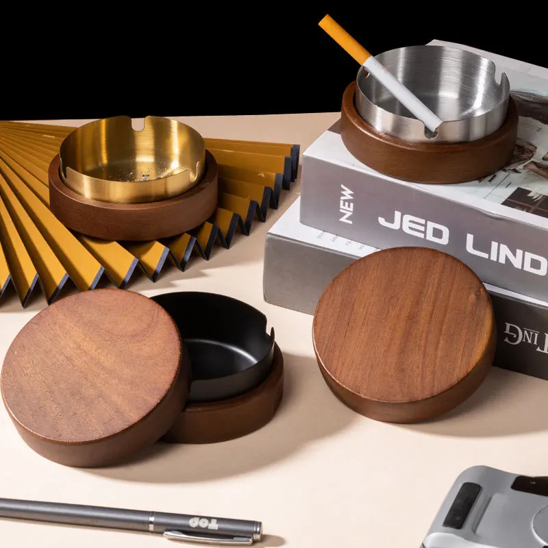 New Wholesale Custom Logo Ashtrays Creative Wooden Ashtray With Lid High-looking Office Household Ashtray