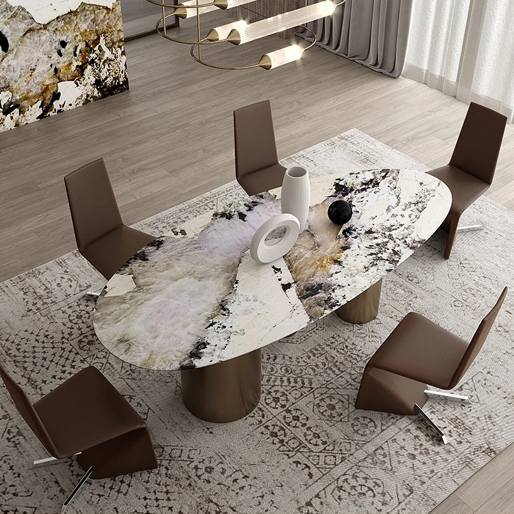 Marble Top Oval Dining Table Set Modern Dining Table Set Natural Italian Designs 2.4 M 10 Seater Dining Room Furniture