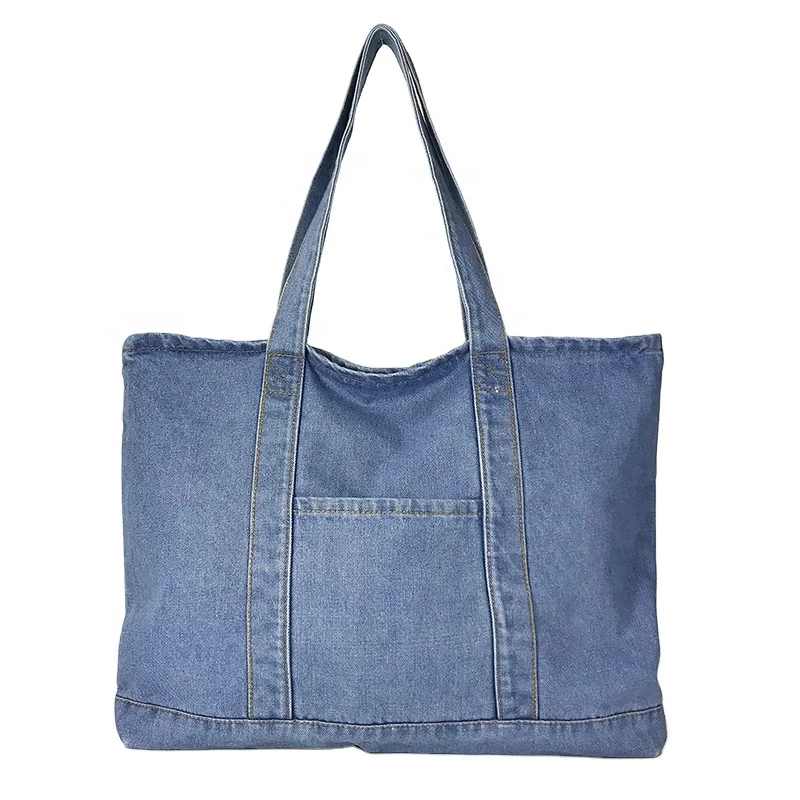 Wholesale Custom Logo Eco Recycled Fashion Denim Fabric Grocery Jean Tote Bags Denim Tote Bag