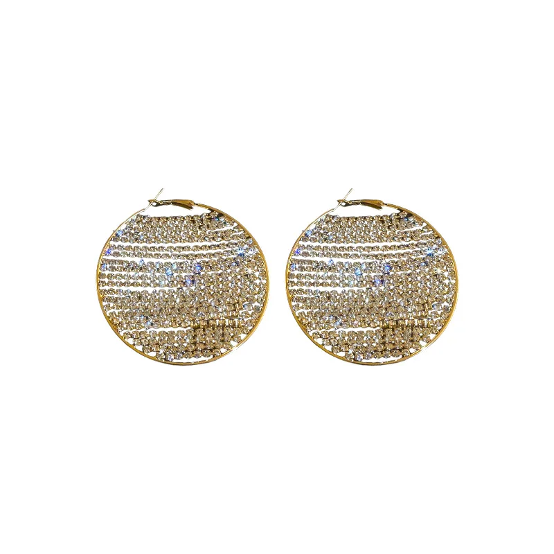Silver Stud Rhinestone-Encrusted Super Flash Geometric round Earrings Exaggerated Light Luxury Design Ear Hook Eardrops European