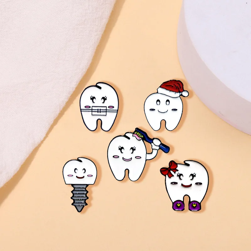 Creative New Tooth Bracelet Cute Small Brush Wear Christmas Hat Badge Personalized Soft Enamel Lapel Teeth Pin