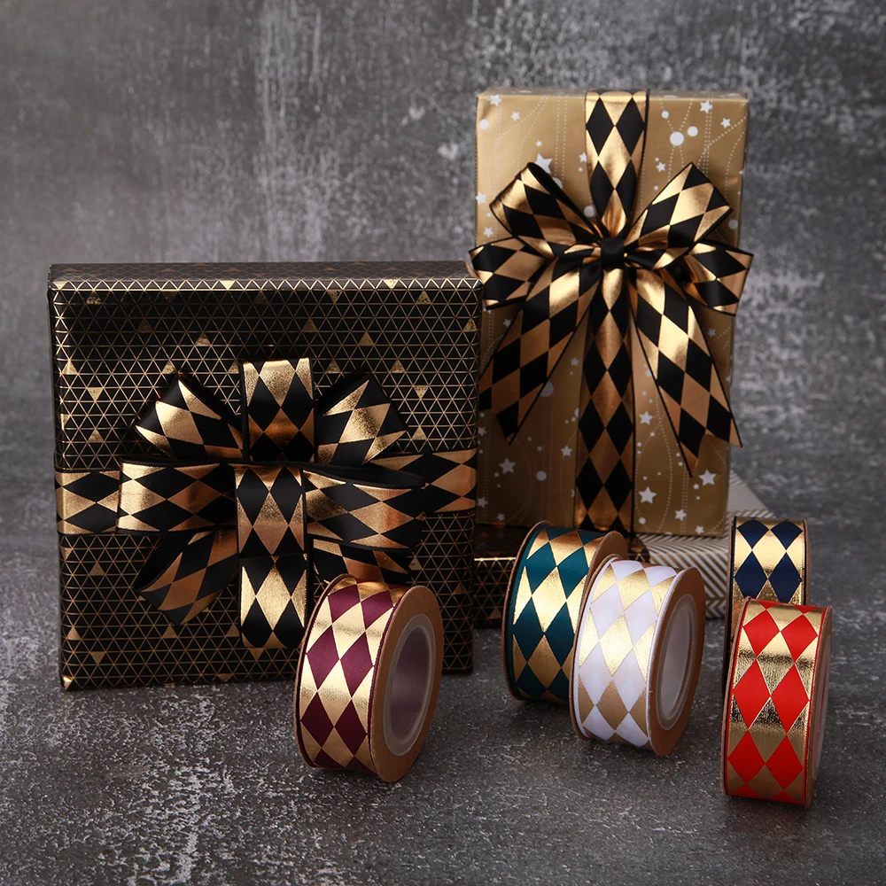 Satin Gold Foil Retro Floral 3 Inch Embossed Floral Logo Flower Business Brand Name  Custom Printed Ribbon